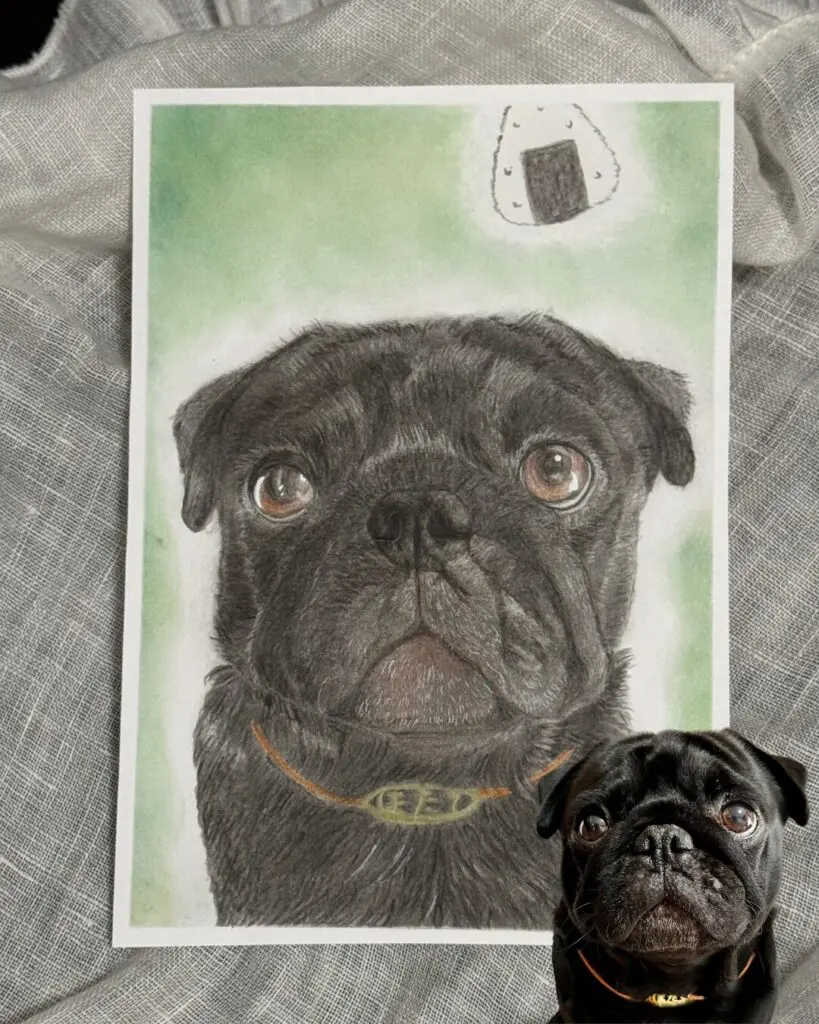 おにぎりが大好きな黒パグさんのヒーリングアートの絵